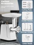 2500W Max Electric Meat Grinder & Sausage Stuffer - Heavy Duty Mincer Machine Anti-Slip with 1 Blade And 3 Plates, 3 Tubes & Kubbe Kit BPA Free for Home Kitchen Use （White）