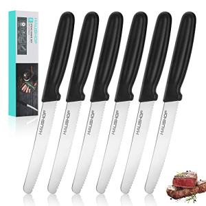 HAUSHOF Steak Knives Set of 6, Serrated Steak Knives, Premium Stainless Steel Steak Knife Set with Gift Box, Black Handle