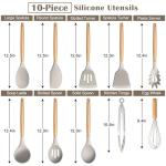 E-far Silicone Cooking Utensils Set, 10-Piece Heat Resistant Kitchen Utensils Set with Wooden Handle for Nonstick Cookware, Kitchen Nonstick Tools Spatula Whisk Tongs Ladle, Non-toxic & Healthy(Khaki)