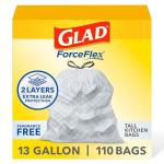 Glad ForceFlex Tall Kitchen Drawstring Trash Bags, 13 Gal, Fragrance Free, 110 Ct (Package May Vary)