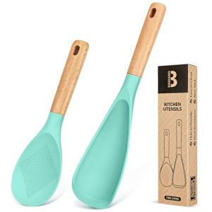 Cooking Spoon and Rice Scooper for Nonstick Cookwares, Great for Cooking and Serving Sturdy BPA-Free Matte Silicone, Wood Handle Spoon for Mixing, Scoop, and Scrape (GREEN)