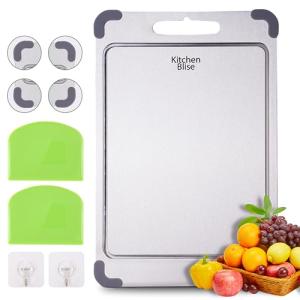 Stainless Steel Cutting Board, Double Sided Food Gradable Steel Cutting Boards for Kitchen with 2 Cleaning Scrapers, Metal Cutting Board with Grooves for Fruits (Large)