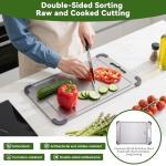 Stainless Steel Cutting Board, Double Sided Food Gradable Steel Cutting Boards for Kitchen with 2 Cleaning Scrapers, Metal Cutting Board with Grooves for Fruits (Large)
