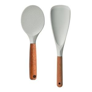 SoKalChw Spatula Spoon and Rice Spoons with Wooden Handle, Food Grade Silicone Great for Cooking, Mixing, Scooper, Scrape, Non stick Heat Resistant (white - Rice set 2 pcs)