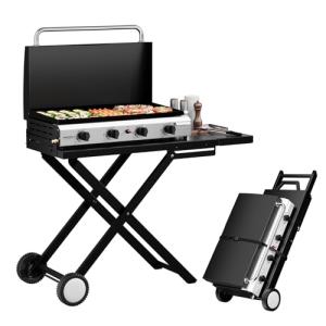 ROVSUN 4 Burner Foldable Propane Griddle with Wheels, Enameled Tray & Lid, 40000 BTU Portable Rolling Flat Top Gas Grill with Electronic Ignition & Regulator for Outdoor Cooking Camping BBQ Tailgating