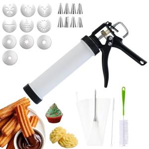 AlgoELF 3in1 Manual Spritz Cookie Press Gun Set, Churrera Churro Maker Machine, Large 2-Cup Capacity, 1 Piping Bag and Tip, 10 Churro and Cookie Discs, 8 Icing Nozzles, 2 Cleaning Brushes