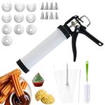 AlgoELF 3in1 Manual Spritz Cookie Press Gun Set, Churrera Churro Maker Machine, Large 2-Cup Capacity, 1 Piping Bag and Tip, 10 Churro and Cookie Discs, 8 Icing Nozzles, 2 Cleaning Brushes