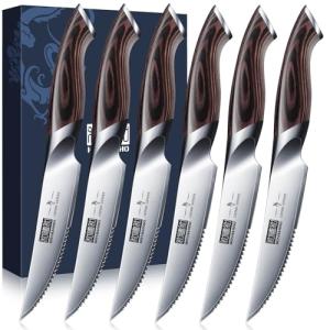 HOSHANHO Steak Knives Set of 6, Ultra Sharp 4.5 Inch Serrated Steak Knife Set, Japanese High Carbon Steel Kitchen Steak Knives with Ergonomic Handle