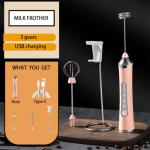 Rechargeable Milk Frother Handheld For Coffee,3 Speeds Frother Wand With Stand, Batidora De Mano Electrica,Coffee Frother With 2 Heads,Drink Mixer Electric Handheld,Kitchen Essentials (Pink 1)