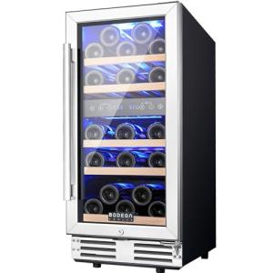 BODEGA 15 Inch Wine Fridge Dual Zone, 30 Bottle, Black Under Counter Freestanding Wine Cooler For Home and Kitchen, with Double-Layer Glass Door, Digital Temperature Control and Temperature Memory.