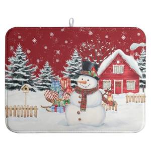 Christma Snowman Dish Drying Mat Winter Snowflake Large Kitchen Mats Dish Drying Pad Red Absorbent Dish Dryer Mat for Kitchen Countertops Microfiber Drainer Pad Dish Drying Mats (18x24 in)