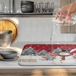 Christma Snowman Dish Drying Mat Winter Snowflake Large Kitchen Mats Dish Drying Pad Red Absorbent Dish Dryer Mat for Kitchen Countertops Microfiber Drainer Pad Dish Drying Mats (18x24 in)