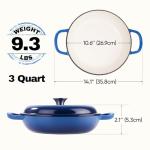 3 Quart Enameled Cast Iron Braiser, Non Stick Enameled Cast Iron Skillet with Lid, Dutch Oven Skillet with lid up to 500°F for Oven, Stove, Grill, Shallow Dutch Oven for Cook, Bake (Blue)
