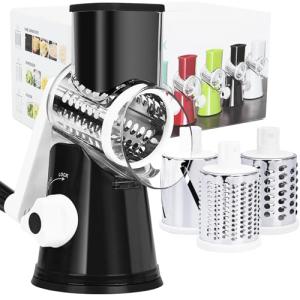 REDPANT Rotary Cheese Grater with Handle, Kitchen Mandoline Vegetable Slicer with 3 Interchangeable Blades & Strong Suction Base, Easy to Clean Grater for Vegetables, Fruit, Nuts, Black