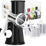REDPANT Rotary Cheese Grater with Handle, Kitchen Mandoline Vegetable Slicer with 3 Interchangeable Blades & Strong Suction Base, Easy to Clean Grater for Vegetables, Fruit, Nuts, Black