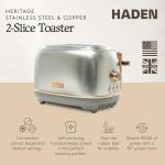 Haden Heritage 2 Slice Wide Slot Stainless Steel Toaster with Adjustable Browning Control & Non-Slip Feet, Steel & Copper