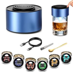 Electric Whiskey Smoker Kit with Built-in Lighter, Rechargeable Cocktail Smoker for Drinks & Food, Includes 6 Wood Chips & USB Charging – Unique Flame Gift for Men, Dad, or Husband