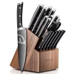 Emojoy Knife Set, Kitchen Knife Set with Block – 17 PCS German Titanium Steel Knives with Heavy-Duty Acacia Wood Block and Built-in Sharpener for Home Cooking, Dishwasher Safe