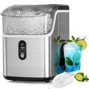 Nugget Countertop Ice Maker with Soft Chewable Pellet Ice, Automatic Cleaning, 34Lbs/24H, Pebble Ice Machine with Ice Scoop, Sonice Ice, One Click Operation for Office/Home/Bar(Stainless Steel Silver)
