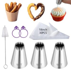 3Pcs Large Churro Piping Tips and Bags Set,9FT Pastry Tips with 30PACK 18Inch Large Piping Bags Disposable for churros maker,French Star Piping Tips for Eclairs,Butter Cookies,Cupcake Decorating tips