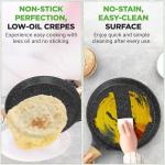 NutriChef 11” Non-Stick Crepe Pan with Wooden Spreader, Durable Marble Coated Dosa Pan, Bakelite And Wood Handle With Induction Bottom, Easy-to-Clean, Stain-Resistant (Black Marble)