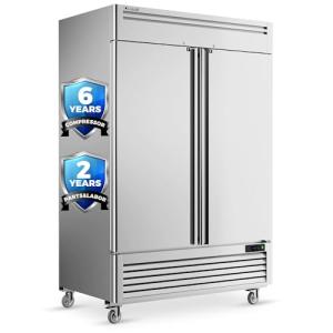 Coolski 54"W Commercial Freezer, -13℉ ~-5℉, 49 Cu.Ft 2 Door Reach-In Stainless Steel Upright Freezer for Restaurant, Cafe, Shop, Business, 8 Adjustable Shelves