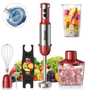 Immersion Blender Handheld，1200W Hand Blenders, 20 Speed & Turbo Mode Hand Held Blender, Stainless Steel Blades, Milk Frother Wand, Whisk, 600ml Beaker, 500ml Chopper (Red)