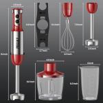 Immersion Blender Handheld，1200W Hand Blenders, 20 Speed & Turbo Mode Hand Held Blender, Stainless Steel Blades, Milk Frother Wand, Whisk, 600ml Beaker, 500ml Chopper (Red)