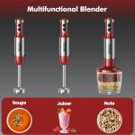 Immersion Blender Handheld，1200W Hand Blenders, 20 Speed & Turbo Mode Hand Held Blender, Stainless Steel Blades, Milk Frother Wand, Whisk, 600ml Beaker, 500ml Chopper (Red)