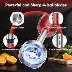 Immersion Blender Handheld，1200W Hand Blenders, 20 Speed & Turbo Mode Hand Held Blender, Stainless Steel Blades, Milk Frother Wand, Whisk, 600ml Beaker, 500ml Chopper (Red)