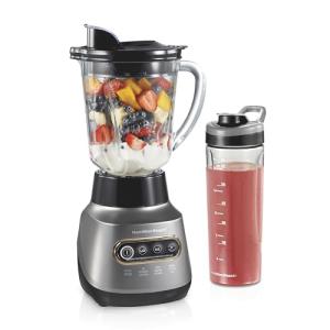 Hamilton Beach Wave Action Blender for Smoothies, Stainless Steel Ice Sabre Blades, 40oz Glass Jar, 20oz Blend-In Portable Travel Jar, 800 Watts, Quiet Design, Gray (58181)