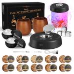 Electric Whiskey Smoker Kit with 7 Light Modes,Rechargeable Cocktail Smoker with 2 Wooden Bourbon Glasses,10 Natural Wood Chips,Food-Grade Stainless Steel Ice Cubes & Mold,Gift for Men, Dad, Husband