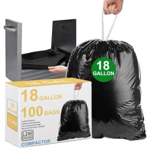 18 Gallon 100 Count Compactor Kitchen Trash Bags 1.2 Mil THICK with Reinforced Drawstring | Heavy Duty Perfect Fit for 13-18 Gallon & Most Kitchen Compactors | Tear & Leak Resistant | Black