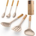Large Silicone Cooking Utensils Set - Heat Resistant Silicone Kitchen Utensils for Cooking w Wooden Handles, Spatula Set, Kitchen Utensil Gadgets Sets for Non-Stick Cookware, BPA Free (Cream White)