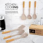 Large Silicone Cooking Utensils Set - Heat Resistant Silicone Kitchen Utensils for Cooking w Wooden Handles, Spatula Set, Kitchen Utensil Gadgets Sets for Non-Stick Cookware, BPA Free (Cream White)