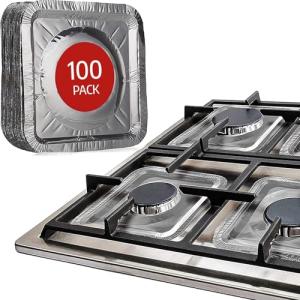 Gas Stove Burner Liners (100 Pack) - Disposable Aluminium Foil Covers, 8.5” Heat-Resistant Protector, Fits Gas or Electric Ranges, Thick Foil for Mess-Free Cooking, Perfect Stove Cover for Kitchen