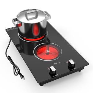 Nafewin 2 Burner Electric Cooktop, 2100W Electric Stove Top Hot Plate, 12 inch Countertop Burner & Built-In Stove Top, 9 Levels of Power, Knob Control, Timer & Kid Safety Lock, Residual Heat Warning