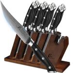 CoquusAid Steak Knives Set of 8 with Block Built-in Sharpener, 4.8 Inch Non Serrated Razor-Sharp Durable Dinner Knives, German Stainless Steel Damascus Pattern Full Tang Forged, Easy to Maintain