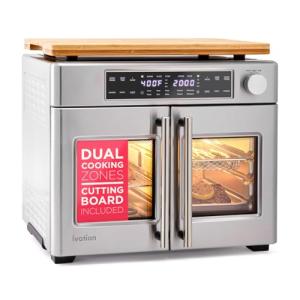 Ivation Dual Zone Air Fryer French Door Oven - 32 Quatity Convection Toaster Combo, 10-in-1 Multifunction Up to 450° - 1800W - Temperature Control, Timer - Stainless Steel - Dehydrate, Bake, Roast