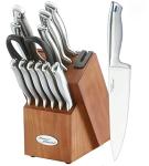 Marco Almond® Knife Block Set, KYA26 Knife Set with Block, 14 Pieces Stainless Steel Chef Kitchen Knives with Built-in Sharpener