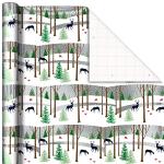 Hallmark Foil Holiday Wrapping Paper with Cut Lines on Reverse (3 Rolls: 60 sq. ft. ttl) Woodland Scene with Deer, Green and Navy Blue Plaid, Wreaths on Navy Blue
