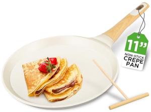 NutriChef 11” Non-Stick Crepe Pan with Wooden Spreader, Durable Marble Coated Dosa Pan, Bakelite And Wood Handle With Induction Bottom, Easy-to-Clean, Stain-Resistant (White Cream Marble)