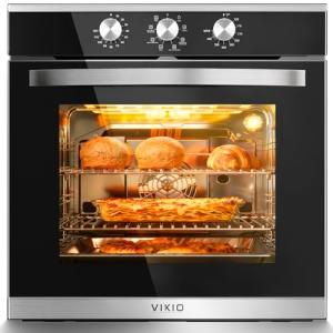 VIKIO HOME Single Wall Oven 24", 2.83 Cu.Ft-80L with 8 Functions Built-in Electric Ovens, 240V, 3220W Fast Preheat, Mechanical Knob Control for Easy Cooking