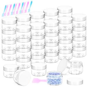 MotBach 40 Pack 15g Plastic Jars with Lids, 15ml Round Clear Cosmetic Containers Makeup Jars, Travel Size Container Jar with 10 Spatulas for Sample Lotion Cream Eyeshadow Ointment Salve Balm Powder