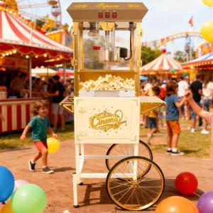 Upgraded 16oz Commercial Popcorn Machine with Cart, 850W Large Vintage Popcorn Maker for 15-20 People, Pop Corn Machine Makes Up to 80 Cups for Home Party(Milky White)