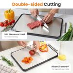 NCUE Cutting Boards for Kitchen, Double-Sided 304 Stainless Steel Cutting Board and Wheat Straw PP, for Meat and Vegetables, Thickened Non-Slip Non Toxic Chopping Board, Dishwasher Safe, 16.5"×11"