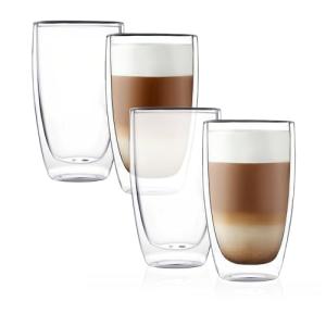 CNGLASS Double Wall Thermo Glass Coffee Cup 13.5 oz,Clear Insulated Glass Coffee Mug for Latte Cappuccino Tea Milk,Set of 4