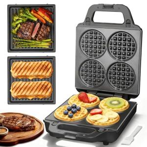 SugarWhisk 2 in 1 Mini Waffle Maker with Removable Plates, Panini Press Sandwich Maker, Sandwich Press, Waflera Electrica, Sandwichera Electrica, 4 X 4 Inch Classic Waffle Maker for Kids, Graphite