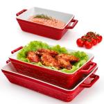 Hacaroa 3 Pack Ceramic Baking Dishes, Rectangular Bakeware with Handles, Elegant Casserole Dish Set Lasagna Pan, Baking Pans Set for Oven, Cooking, Banquet and Daily Use, Red, 3 Sizes