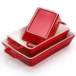 Hacaroa 3 Pack Ceramic Baking Dishes, Rectangular Bakeware with Handles, Elegant Casserole Dish Set Lasagna Pan, Baking Pans Set for Oven, Cooking, Banquet and Daily Use, Red, 3 Sizes